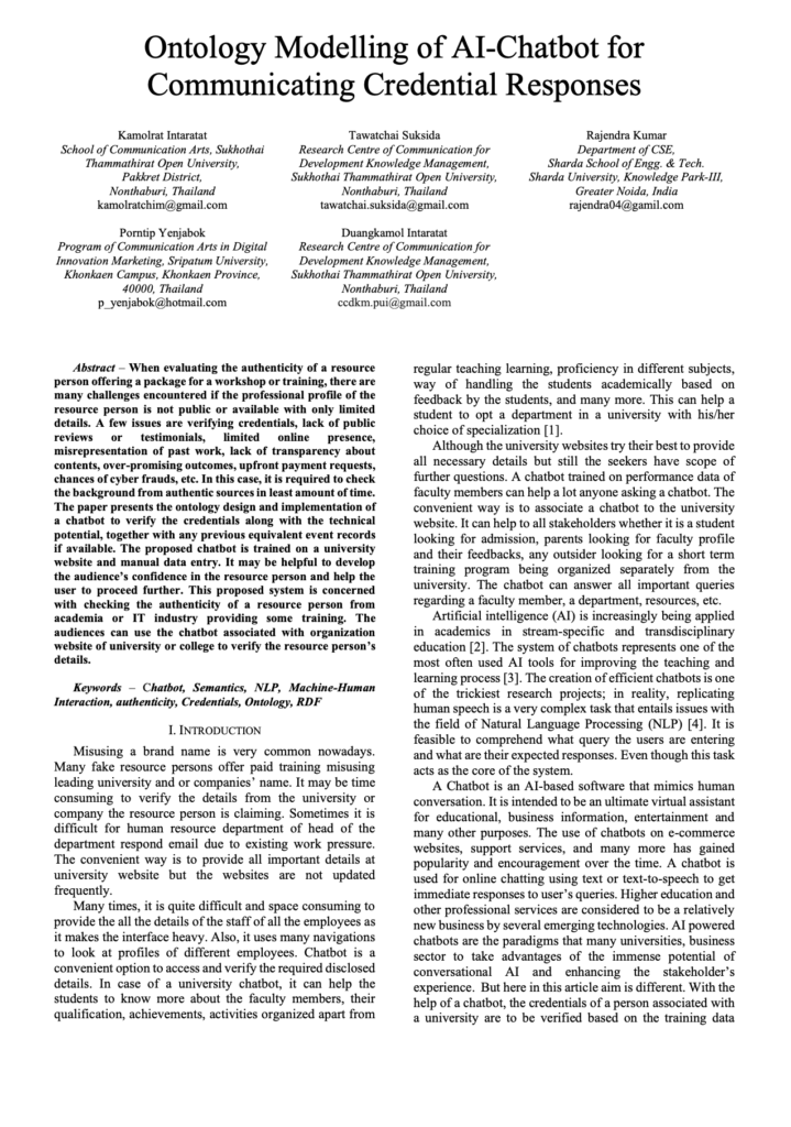 งานวิจัย IEEE ระดับนานาชาติที่ได้รับการยินยอมเผยแพร่เรียบร้อย เรื่อง Ontology Modelling of AI-Chatbot for Communicating Credential Responses “การสร้างแบบจำลอง Ontology ของ AI-Chatbot สำหรับการสื่อสารการตอบสนองด้านข้อมูลประจำตัว โดยนักวิจัย อ.ดร.ต้นรัก ธวัชชัย สุขสีดา Research Centre of Communication for Development Knowledge Management Ai การสร้างแบบจำลอง Ontology ของ AI Chatbot อ.ดร.ต้นรัก 719x1024