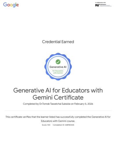 อ.ดร.ต้นรัก ธวัชชัย สุขสีดา ได้รับการรับรองจาก Google สอบผ่าน 6 ใบเซอร์จาก Google ตอกย้ำวิทยากรมืออาชีพและมีความเชี่ยวชาญชำนาญด้าน Generative AI for Educators with Gemini และนวัตกรรมดิจิทัล Generative AI For Educators With Gemini Certificate Google For Education 400x566