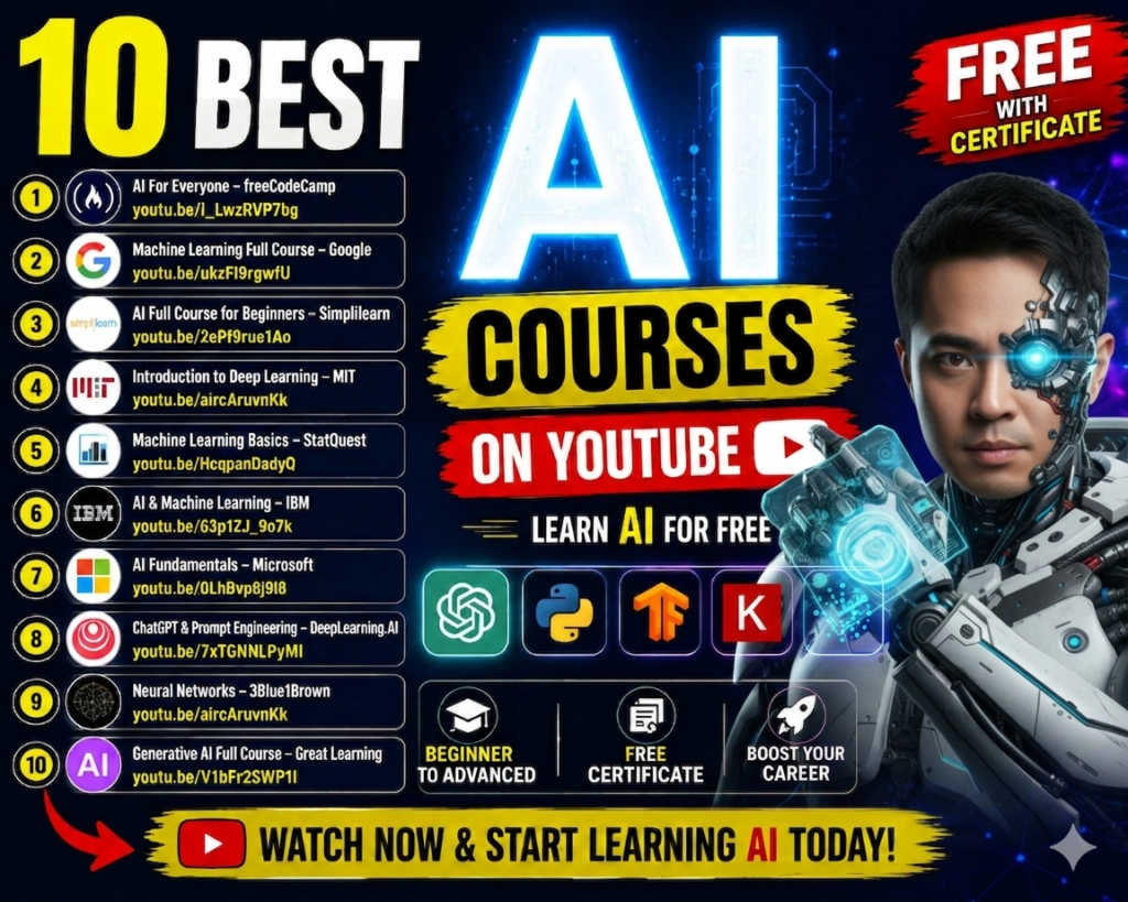 10 คอร์ส AI เรียนฟรีระดับโลกที่ทุกคนเรียนได้ 10 Best FREE AI Courses on YouTube 10 คอร์ส ai เรียนฟรีระดับโลกที่ทุกคนเรียนได้