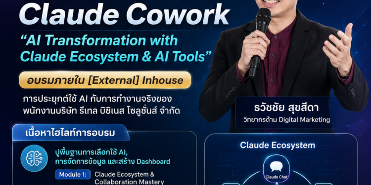 Claude AI & Claude Cowork พลิกโฉมการทำงานยุคใหม่ บริษัท รีเทล บิซิเนส โซลูชั่นส์ จำกัด จัดอบรมเชิงปฏิบัติการ ยกระดับศักยภาพบุคลากรด้วย AI Ecosystem อาจารย์ธวัชชัย สุขสีดา ผู้เชี่ยวชาญและวิทยากรด้านการประยุกต์ใช้ Generative AI ในองค์กร วิทยากรอบรม claude ai อ.ดร.ต้นรัก ธวัชชัย