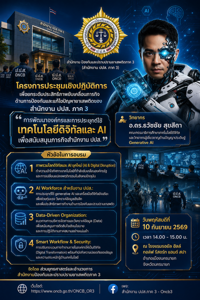 สำนักงาน ปปส. ภาค 3 จัดสัมมนา "การพัฒนาองค์กรและการประยุกต์ใช้เทคโนโลยีดิจิทัลและ AI เพื่อสนับสนุนภารกิจสำนักงาน ปปส." โดยวิทยากร อ.ดร.ธวัชชัย สุขสีดา คณะกรรมาธิการศึกษาเทคโนโลยีดิจิทัล และวิทยากรผู้เชี่ยวชาญด้านปัญญาประดิษฐ์ Generative AI ปปส 3 จัดอบรม ai เชิญ อ.ดร.ต้นรัก วิทยากรผู้เชี่ยวชาญด้าน ai