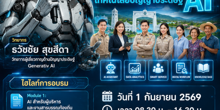 เทศบาลตำบลปากแพรก เตรียมยกระดับการทำงานและบริการประชาชนด้วย AI ในโครงการอบรมสัมมนาเชิงปฏิบัติการ ประจำปีงบประมาณ 2569 ได้รับเกียรติจากวิทยากร อ.ดร.ต้นรัก ธวัชชัย สุขสีดา คณะทำงานในคณะอนุกรรมาธิการดิจิทัลเพื่อเศรษฐกิจและสังคม ตามคำสั่งคณะกรรมาธิการการเทคโนโลยีสารสนเทศ การสื่อสาร และการโทรคมนาคม วุฒิสภา และวิทยากรผู้เชี่ยวชาญด้านปัญญาประดิษฐ์ Generative AI ยกระดับท้องถิ่นด้วย ai โดย อ.ดร.ต้นรัก ธวัชชัย สุขสีดา