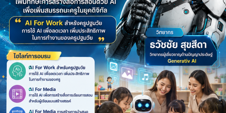 อบต.นิคมพัฒนา จ.ระยอง จัดอบรม SMART TEACHER FOR AI เสริมทักษะครูปฐมวัย ใช้ AI ยกระดับการทำงานและการจัดการเรียนรู้ เชิญผู้เชี่ยวชาญด้านการสอนด้วย AI วิทยากร อาจารย์ธวัชชัย สุขสีดา วิทยากรผู้เชี่ยวชาญด้านปัญญาประดิษฐ์ (Generative AI) อบรมครูปฐมวัยเทศบาลนิคมพัฒนา ด้วยวิทยากร อ.ดร.ต้นรัก ธวัชชัย