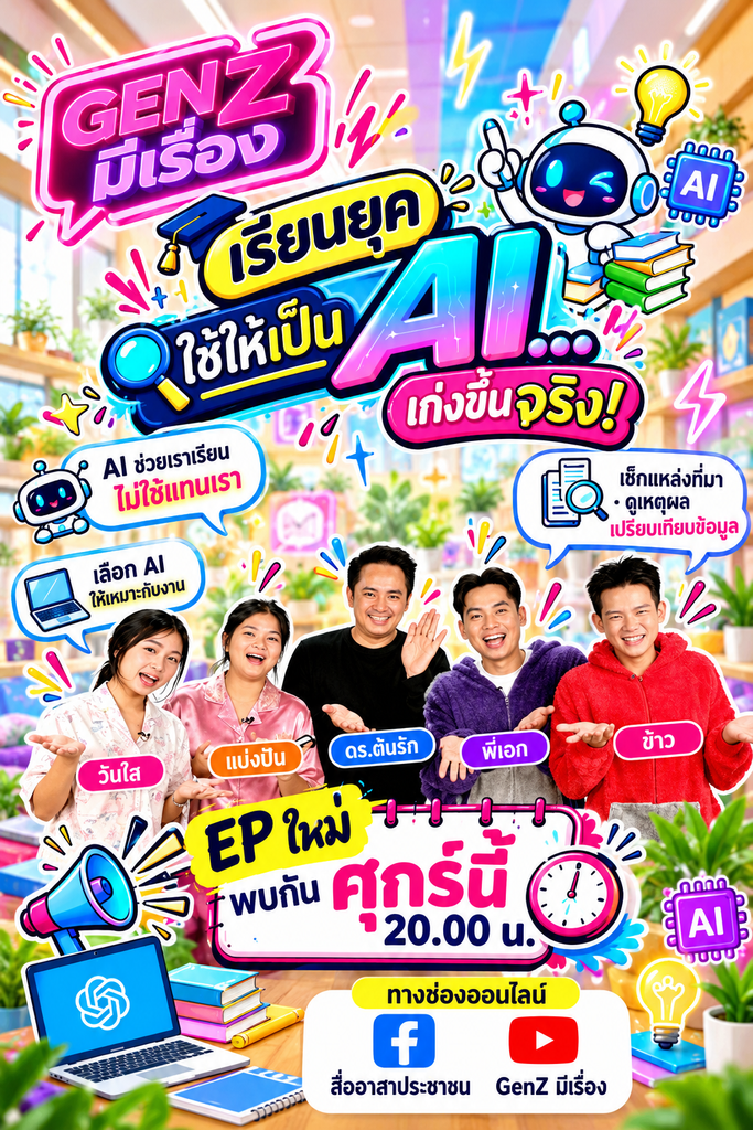 เรียนยุค AI...ใช้ให้เป็น เก่งขึ้นจริง กับรายการ GEN Z มีเรื่อง โดย กับ อ.ดร.ต้นรัก ธวัชชัย สุขสีดา ผู้ทรงคุณวุฒิด้านเทคโนโลยีปัญญาประดิษฐ์และด้านการตลาดออนไลน์ รายการ gen z ai วิทยากร อ.ดร.ต้นรัก png